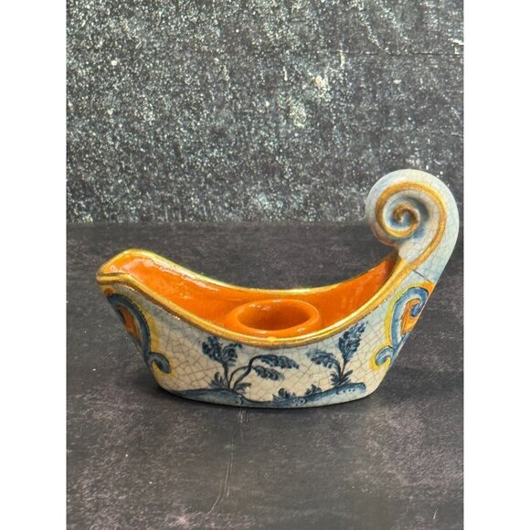 Vintage Veneto Flair Candlestick Signed 1976 Italian Ceramic Scroll Design - Picture 2 of 9